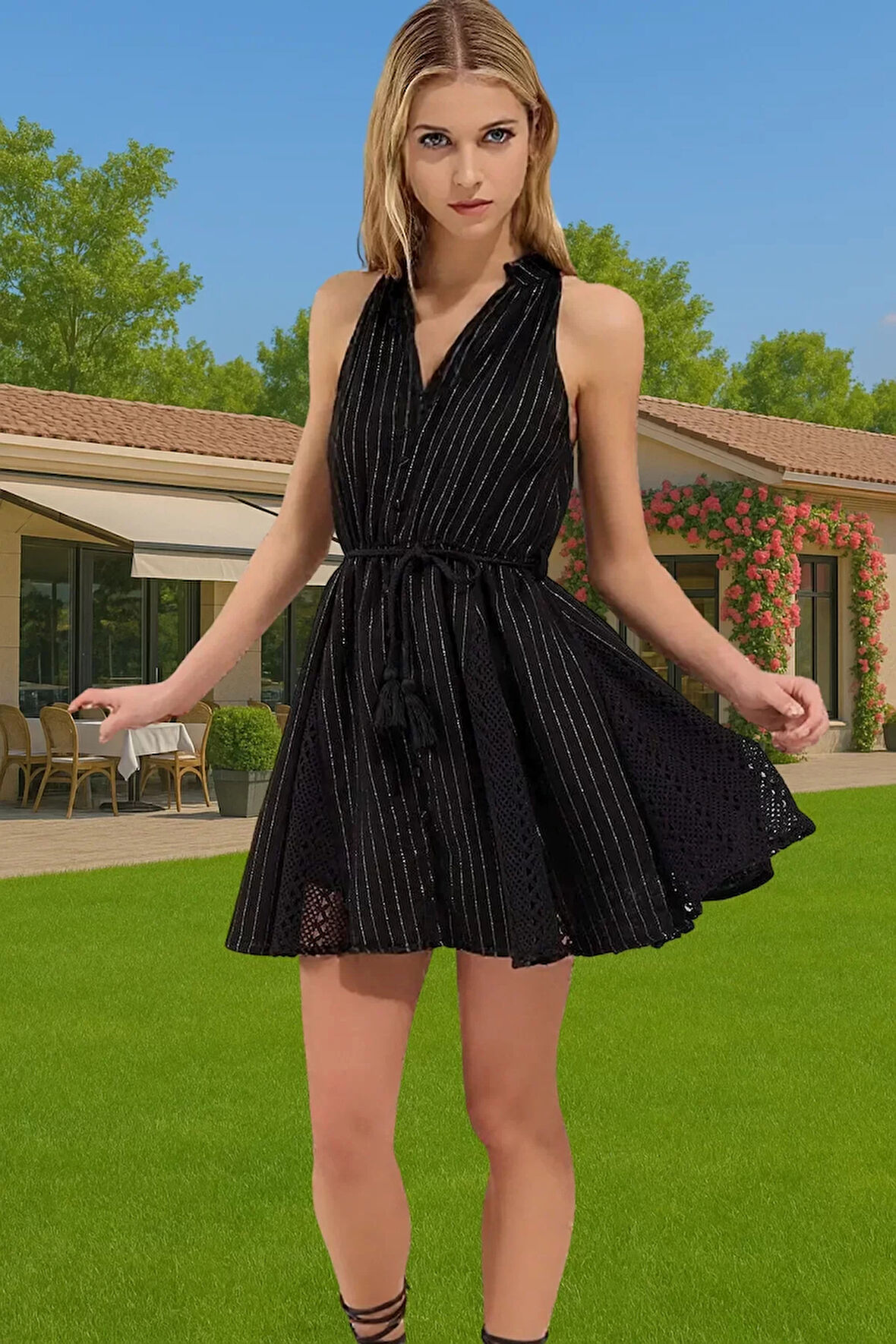 Şık Kadın Mini Elbise Müslin Kumaşlı Yazlık Plaj Dayanıklı Malzeme Seçkin Malzeme Zarifane Tasarım