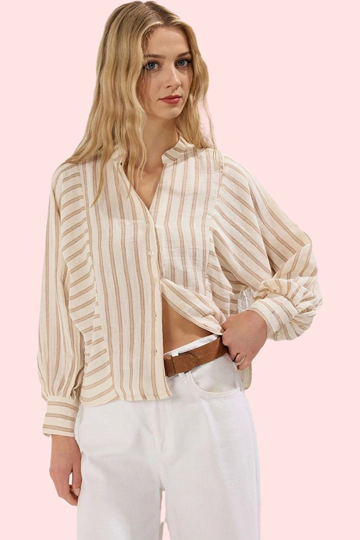 Kadın Oversize Hakim Yaka Çizgili Müslin Gömlek Pamuk Günlük Kullanım Yaz Aylarının Vazgeçilmezi