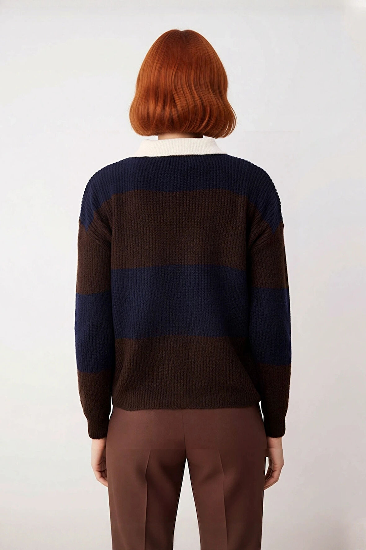 Kadın Polo Yaka Düşük Kol Triko Kazak Renk Bloklu Tasarımıyla Kış Kombinlerinize Modern Dokunuş