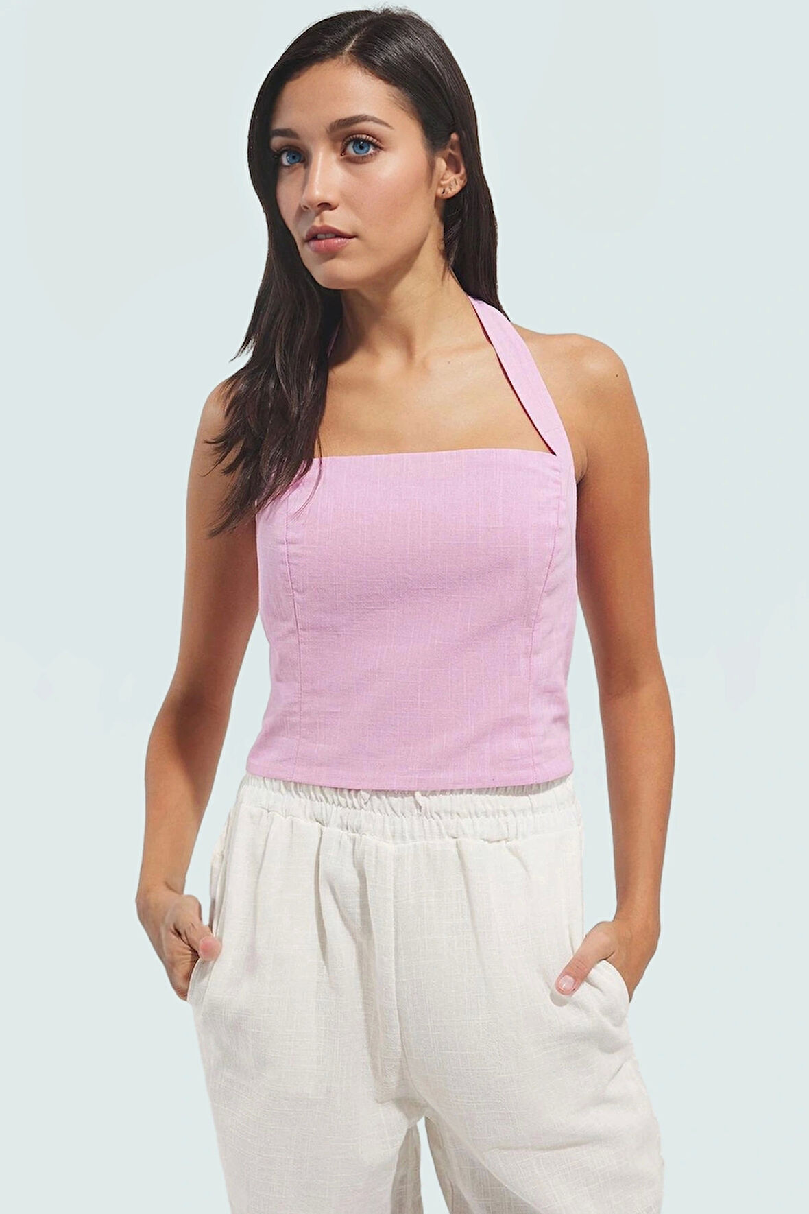 Basic Kolsuz Bluz %100 Pamuk Keten Dokuma Fitted Trend Tasarım Premium Kalite Mükemmel Uyum