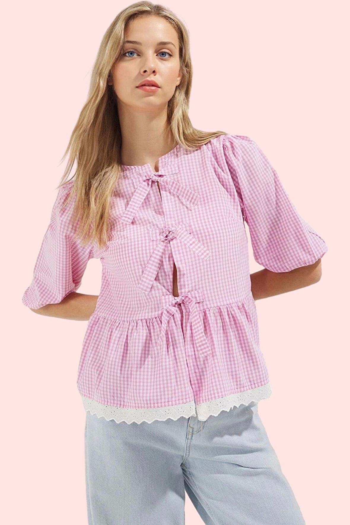 Kadın Regular Kalıp Ekose Terrycotton Gömlek Bisiklet Yaka Günlük Kombinler Modern Tasarım