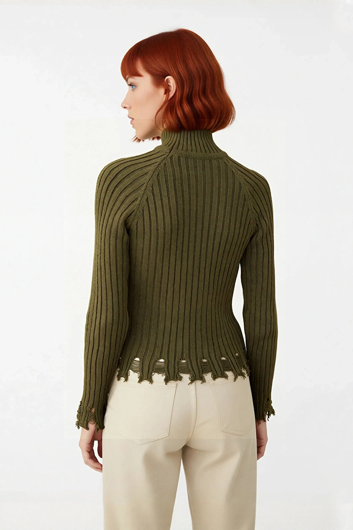 Kadın Şık Fitted Crop Uzun Reglan Kollu Dik Yaka Fitilli Triko Kazak Kış Günleri İçin İdeal Model