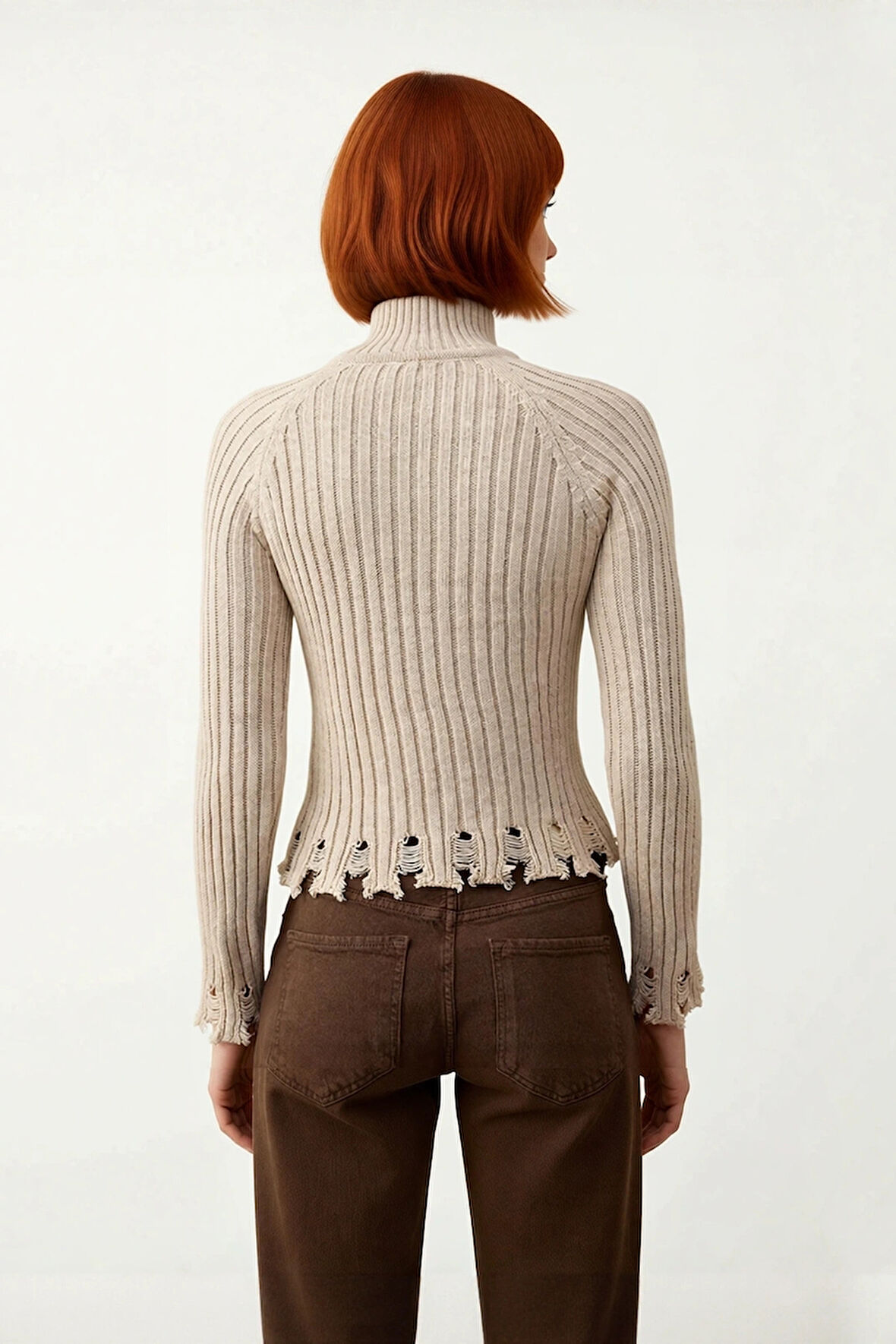 Kadın Şık Fitted Crop Uzun Reglan Kollu Dik Yaka Fitilli Triko Kazak Kış Günleri İçin İdeal Model