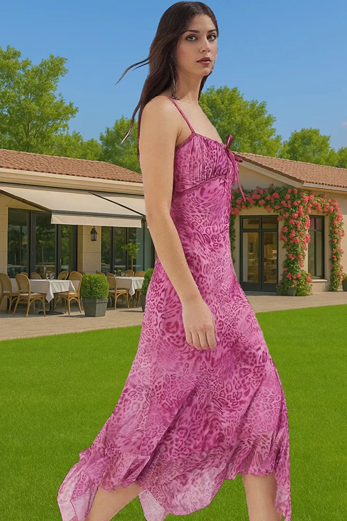 Midi Boy A Kesim Çiçek Desenli Polyester Elastan Elbise Profesyonel Görünüm Seçkin Malzeme