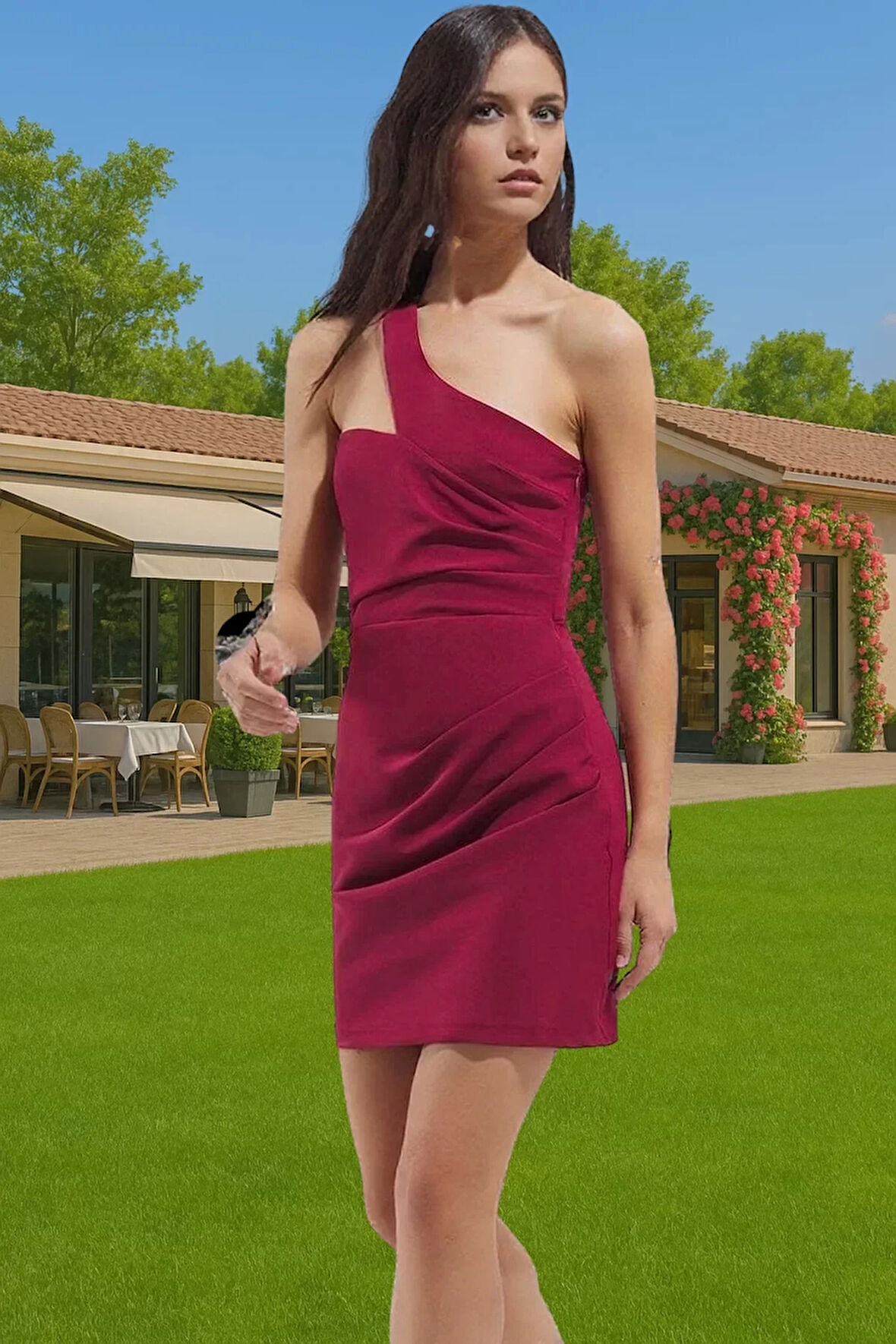 Asimetrik Yaka Mini Elbise Bodycon Kalıp Polyester Elastan Şık Elbise Seçkin Malzeme Özenle Seçilmiş