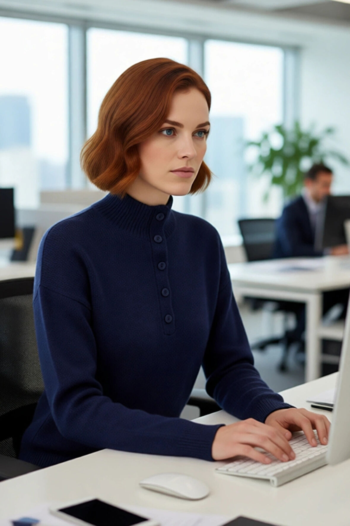 Kadın Lacivert Regular Kesim Dik Yaka Uzun Düşük Kol Triko Kazak Günlük Giyime Elegans Katın