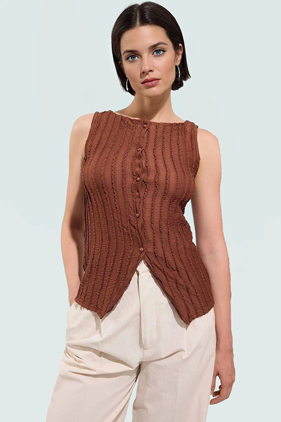 Polyester Elastan Gofre Örme Bluz Renk Kayık Yaka Günlük Casual Trend Tasarım Özel