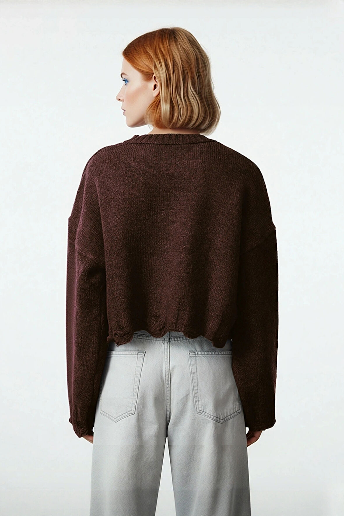 Kadın Basic Siluet Oversize Triko Kazak Crop Düşük Kol Akıtma Detaylı Soğuk Havalar İçin İdeal