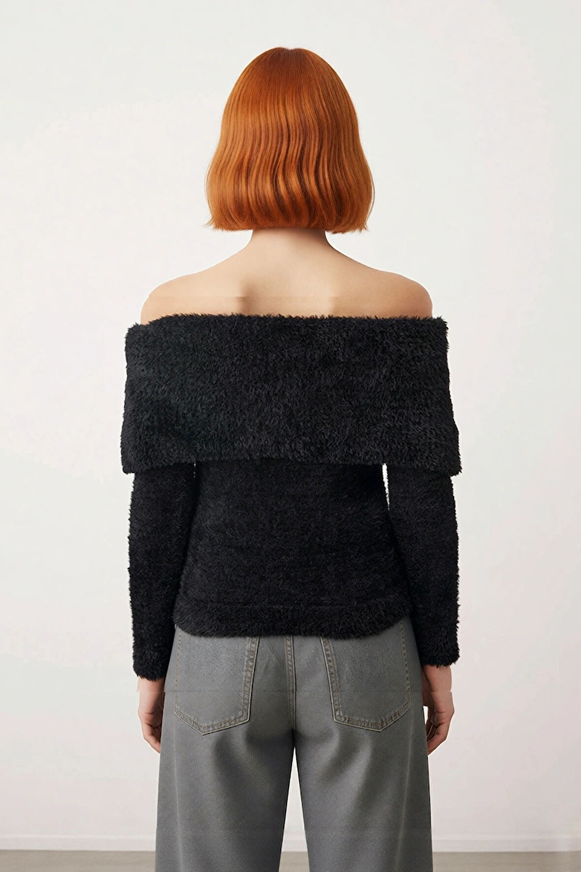 Kadın Basic Siluet Uzun Kollu Carmen Yaka Ekru Regular Kalıp Crop Triko Kazak Kış Gündüz Gece