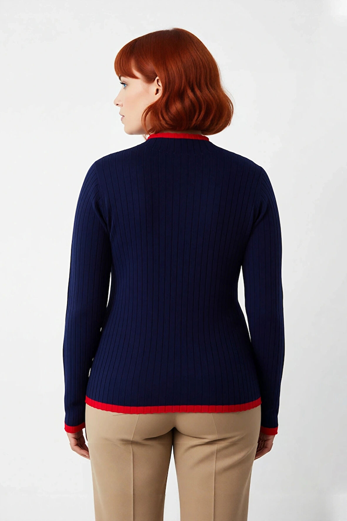 Kadın Basic Siluet İnce Akrilik Dokuma Fitilli Dik Yaka Triko Kazak Standart Uzun Kollu Model