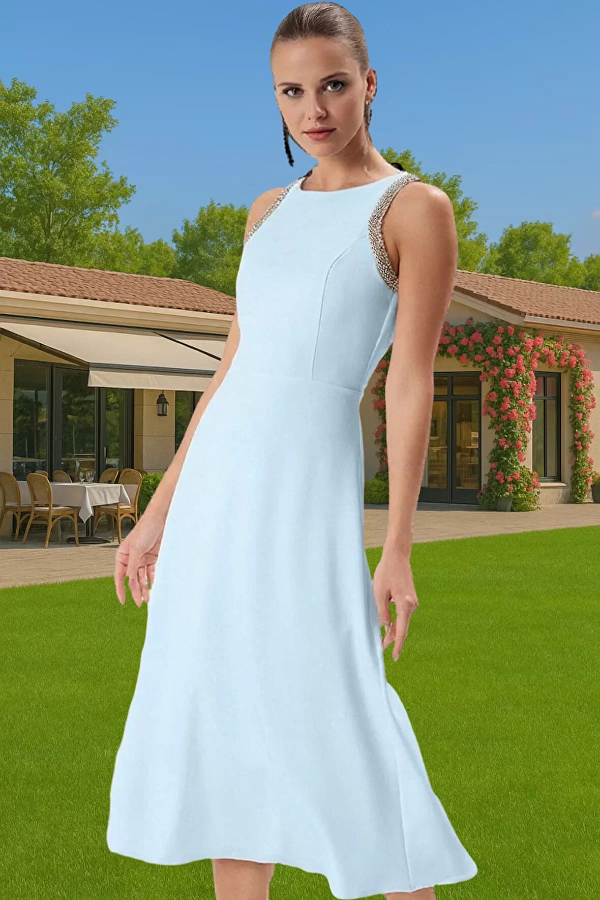 Halter Yaka Taş Detaylı Polyester Abiye Elbise Trend Tasarım Kaliteli İşçilik Özenle Seçilmiş