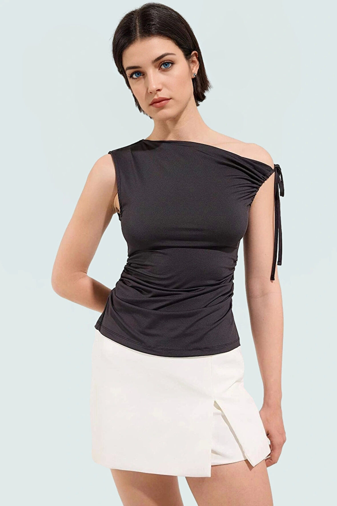 100% Polyester Micro Dokuma Bluz Asimetrik Yaka Fitted Kalıp Yazlık ve Rahat Mükemmel Uyum