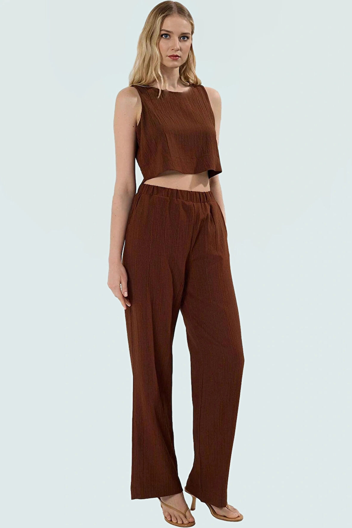 Yazlık Kadın Crop Bluz Pantolon Takımı Polyester Crinkle Dokuma Rahat Kullanım Modern Stil