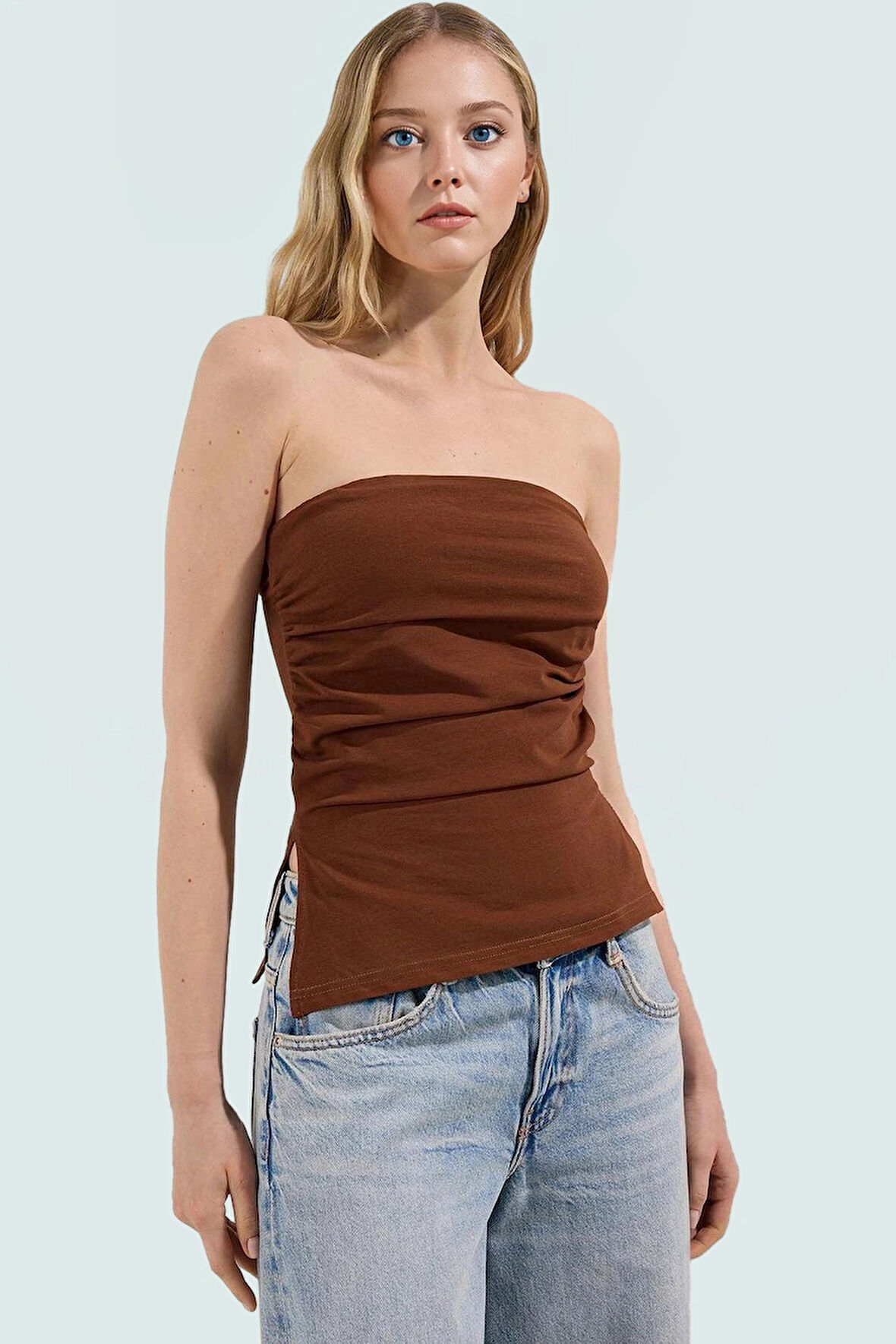 Basic Straplez Kolsuz Bluz %95 Pamuk Örme Kumaş Fitted Uzun Ömürlü Trend Tasarım