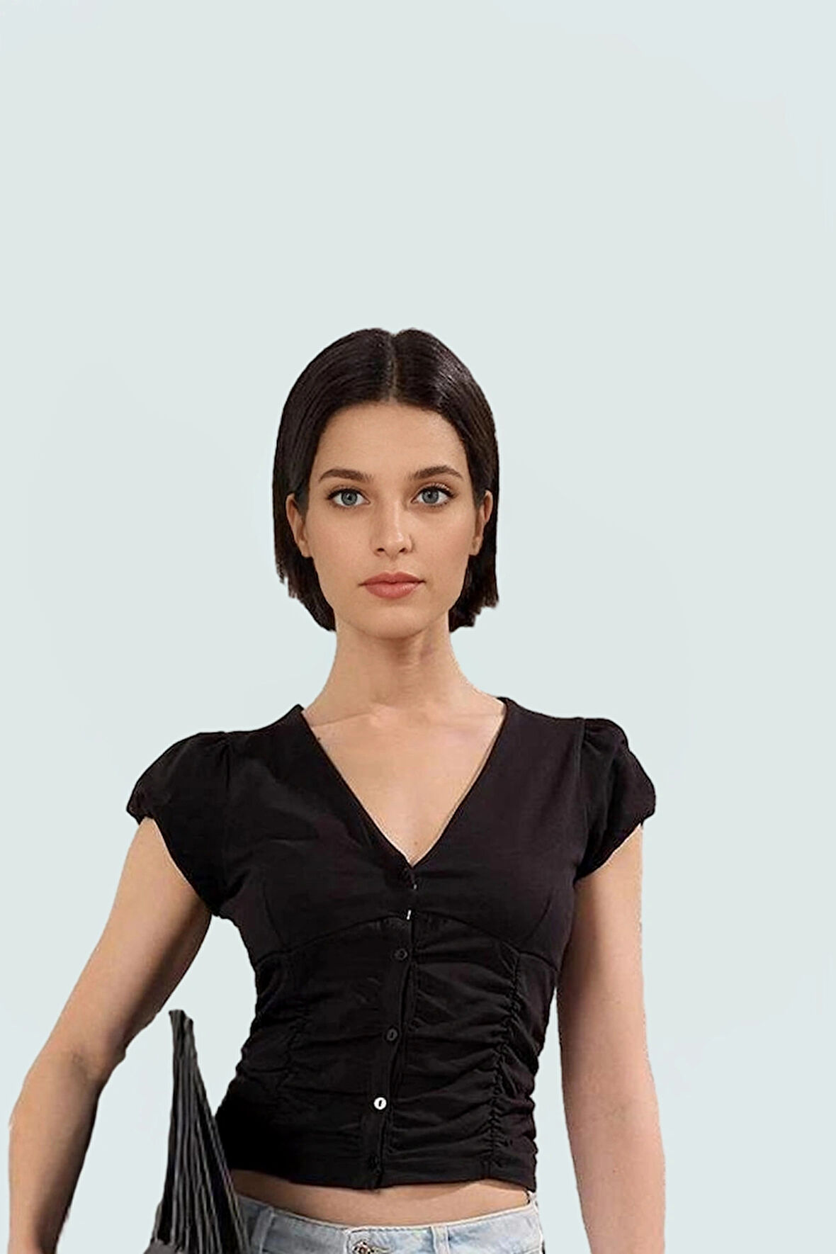 Fitted Vücuda Oturan Pamuklu Bluz V Yaka Düğmeli Kısa Kollu Yazlık Modern Stil Trend Tasarım