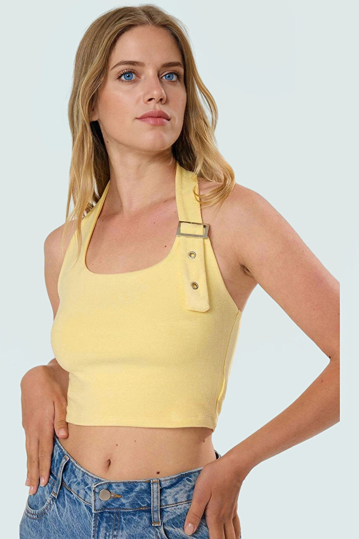 Aksesuar Detaylı Örme Crop Bluz %96 Viskoz %4 Elastan Yazlık Günlük Özenle Seçilmiş