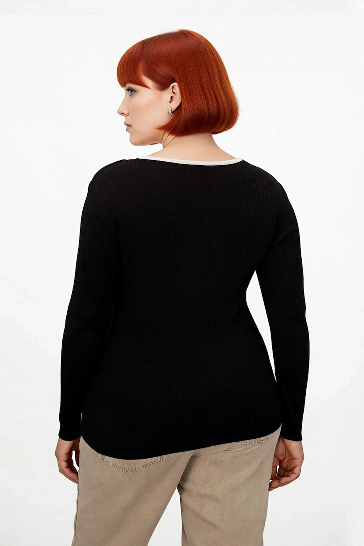 Kadın Bej Triko Kazak Fitted Kesim Polyester Fitilli Çift Katman Görünümlü Günlük Şık İnce Yapı