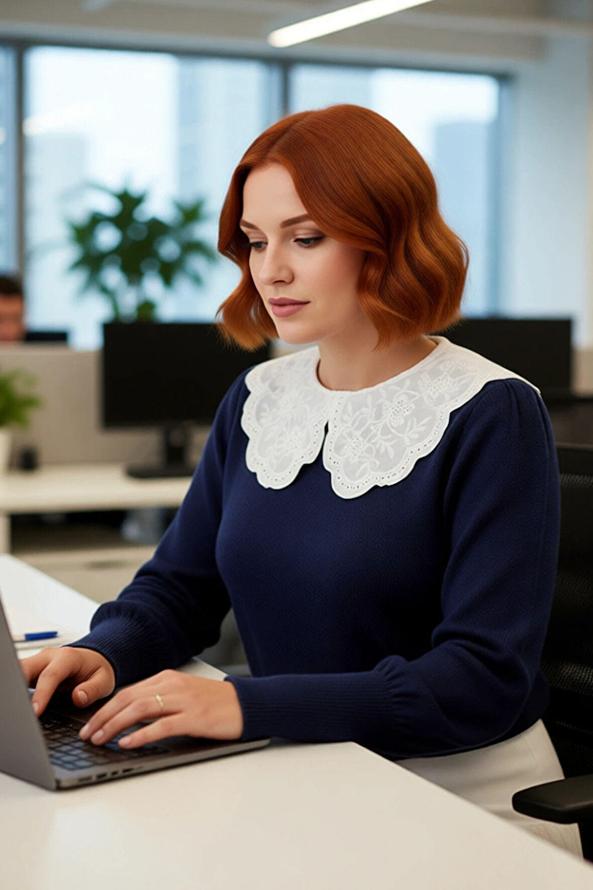 Kadın Lacivert Regular Kalıp Triko Kazak Dantel Gömlek Yaka Tasarımı ile Kış Şıklığı Kaliteli