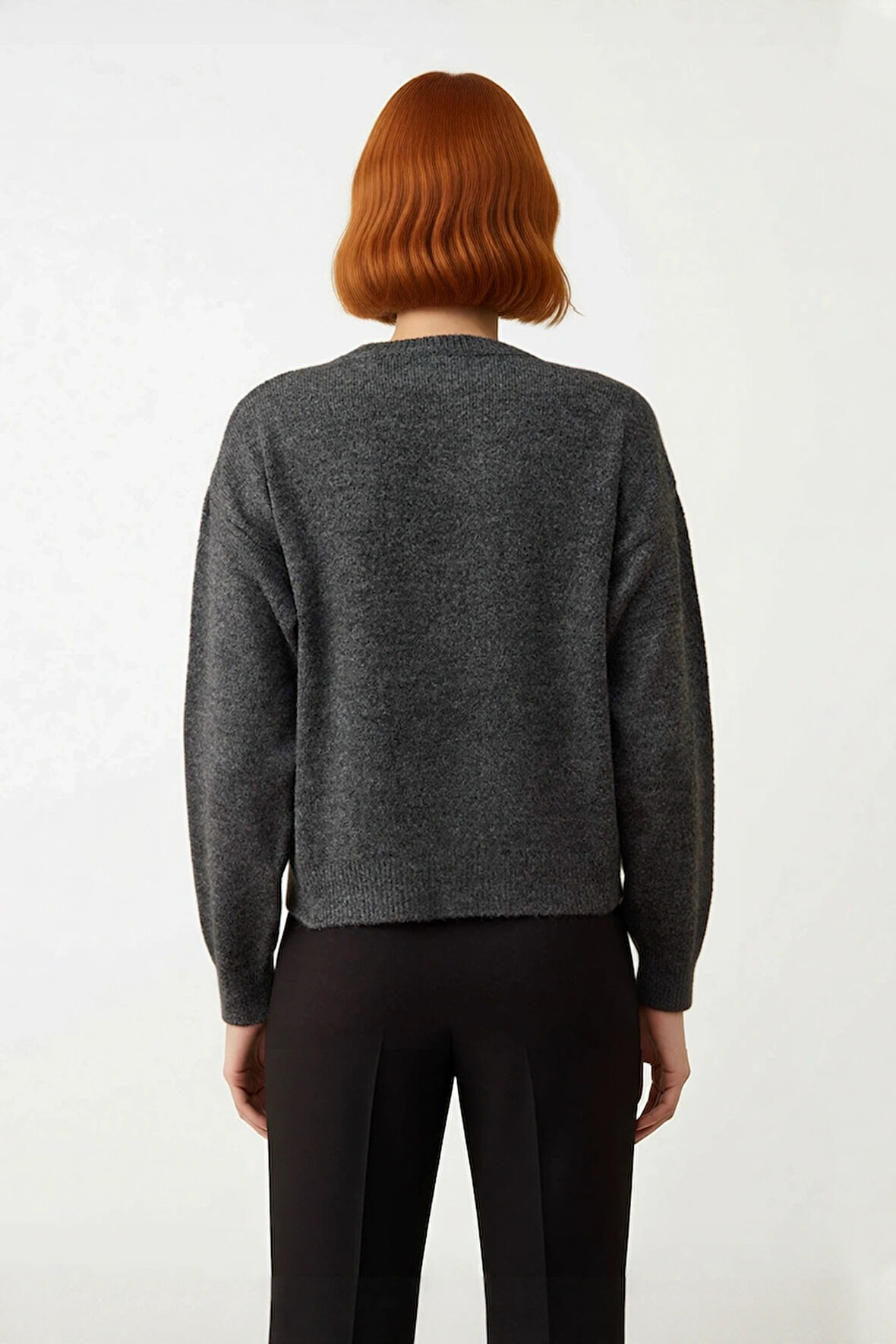 Kadınlara Özel Bisiklet Yaka Nakışlı Çiçekli Gri Triko Kazak Günlük Kış Stili Kaliteli Şık