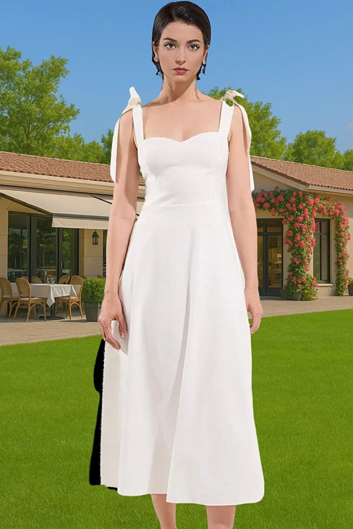 Bağcıklı Askılı A Kesim Midi Abiye Elbise Finike Dokuma Kumaştan Trend Tasarım Zarifane Tasarım