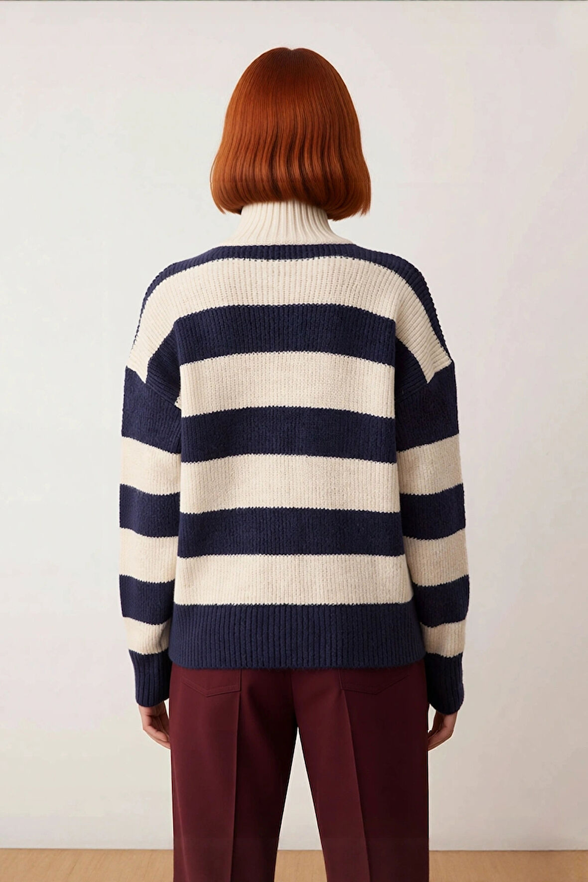 Kadın Şık Oversize Kalın Triko Kazak Selanik Dokuma Çizgili Dik Yaka Düşük Kol Kış Stili Kaliteli