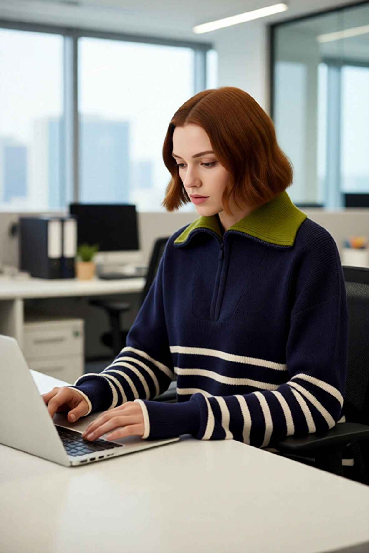 Kadın Kışlık Geniş Kalıp Düşük Kol Triko Kazak Yarım Fermuar Detaylı Çizgili Tasarım Kaliteli