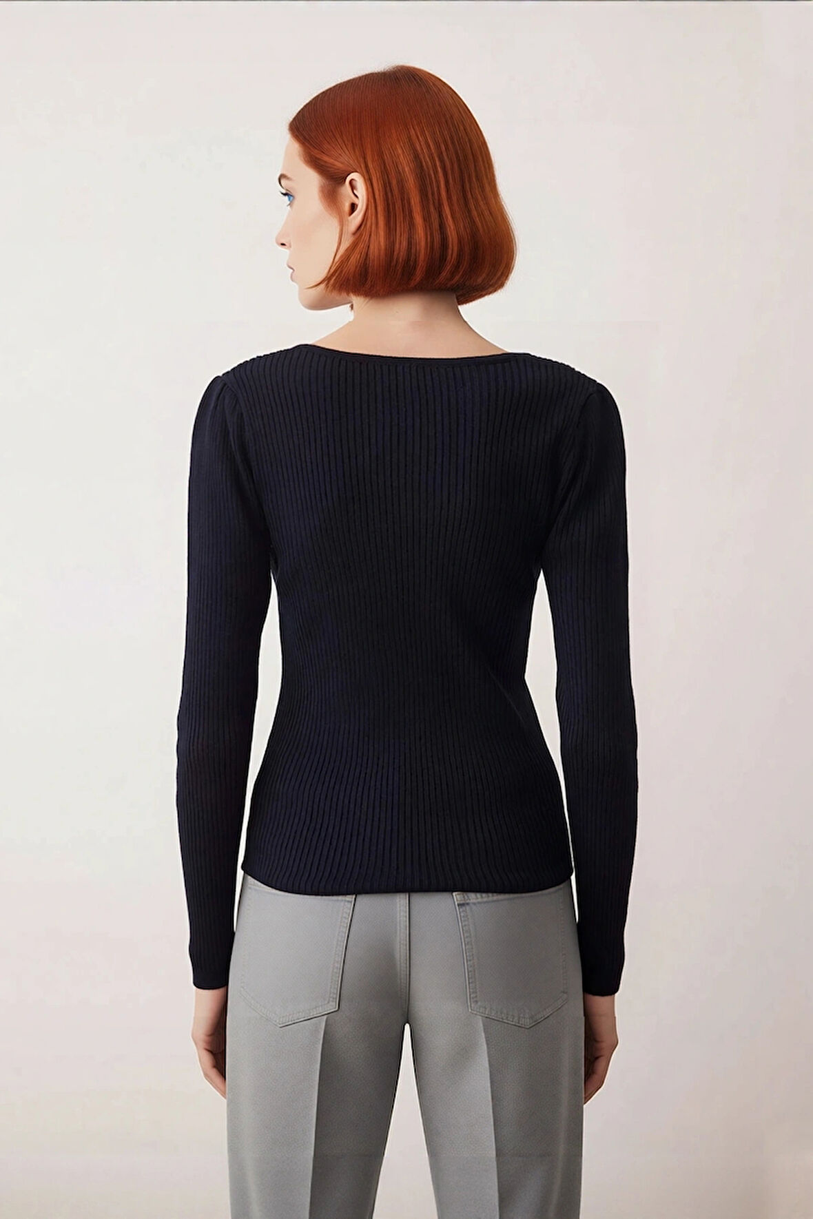 Şık Kadın Ekru Çizgili Kare Yaka Uzun Kol Fitted Triko Kazak %100 Akrilik Bahar Stili Kaliteli