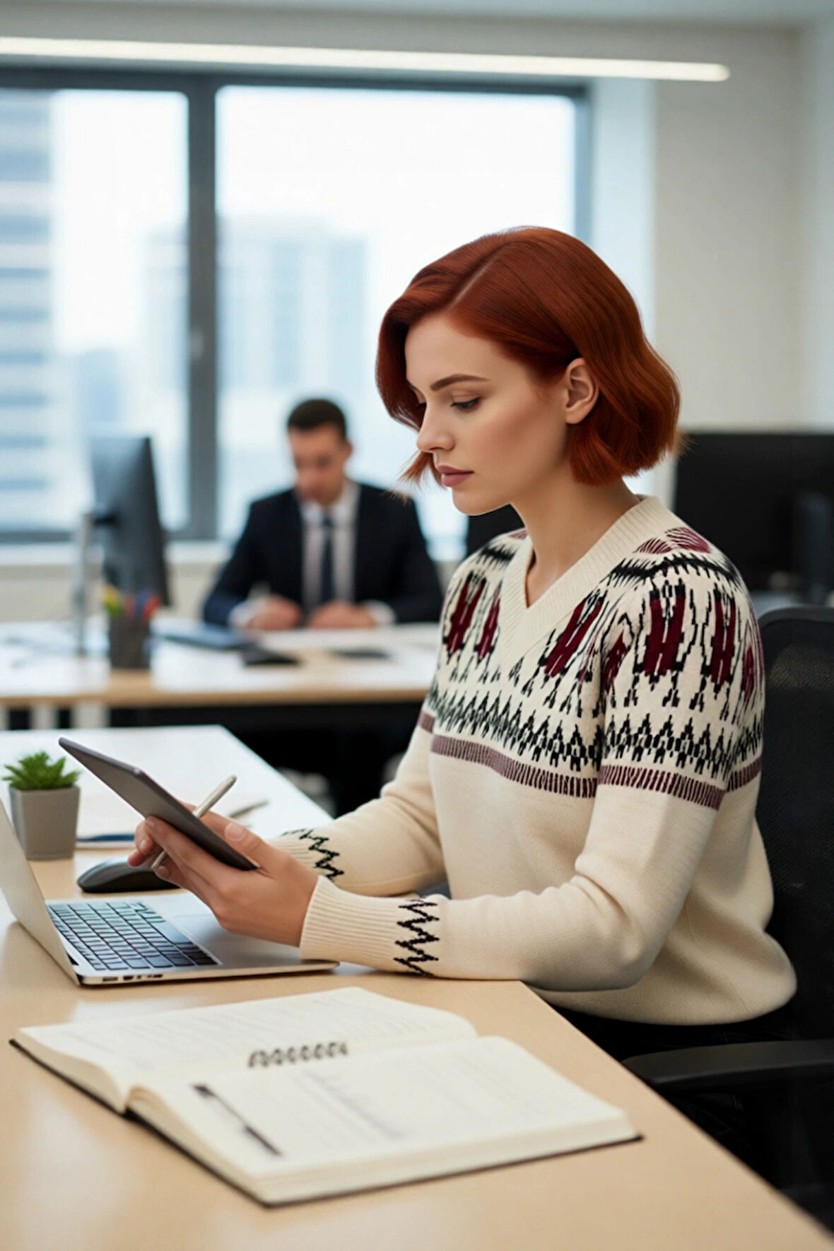 Kadın Kış Sezonu Kalın Triko Geometrik Desenli V Yaka Regular Kalıp Reglan Kol Kazak Kaliteli