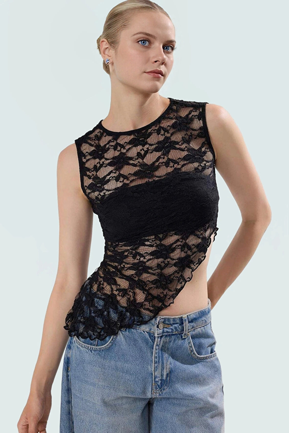 Asimetrik Dantel Örme Bluz Renk Kolsuz Fitted Yazlık Rahat Zarifane Tasarım