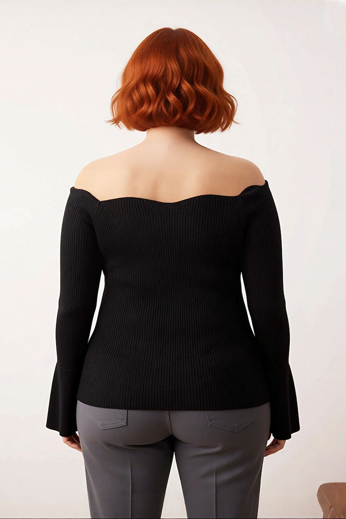 Kadın Günlük Carmen Yaka Fitilli Triko Kazak Fitted Düz Desen Uzun Reglan Kol Modern Şık Kaliteli