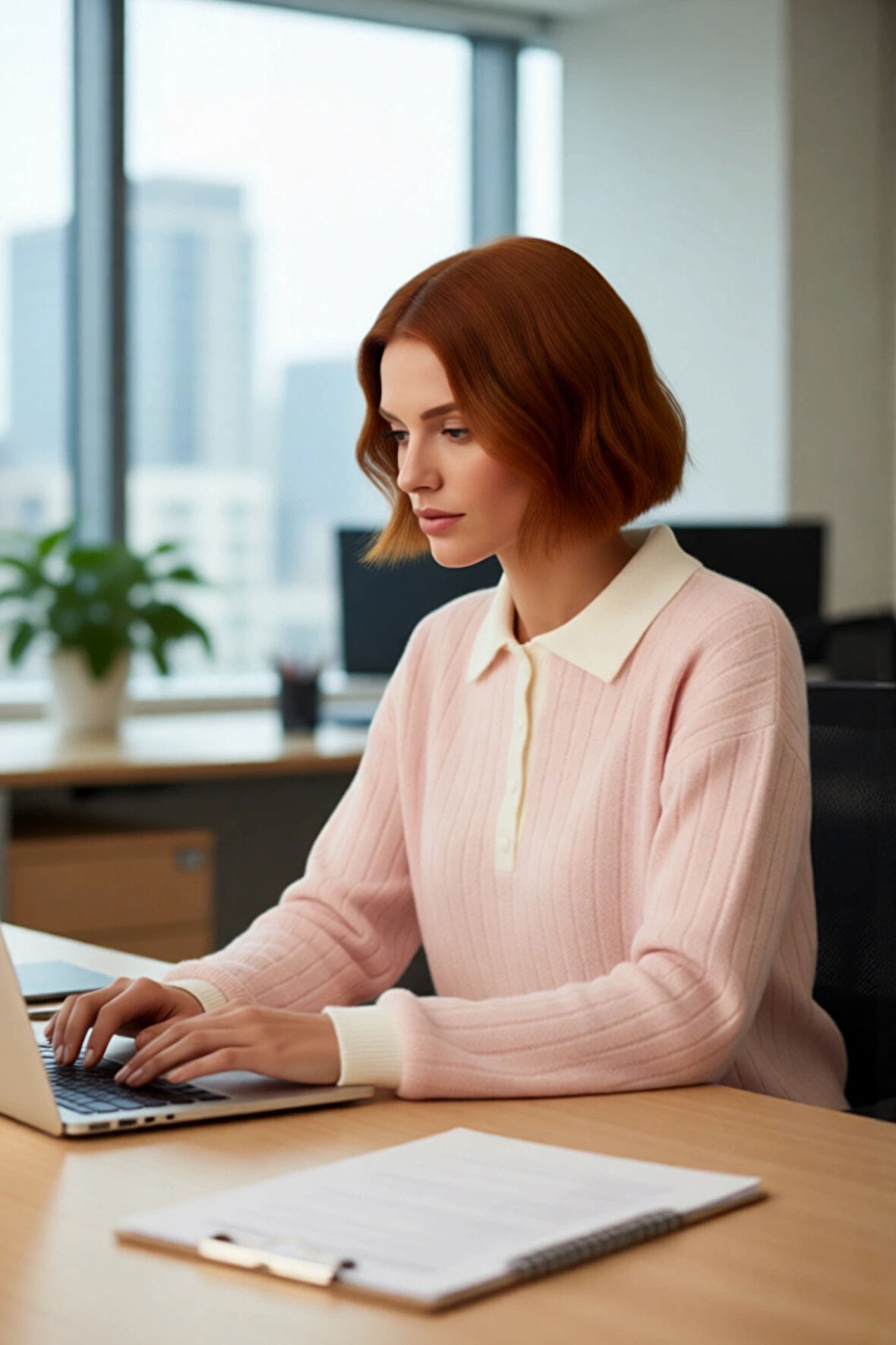 Kadın Tesettür Pembe Regular Kalıp Ribana Kaşkorse Polo Yaka Düşük Kol Triko Kazak Kaliteli