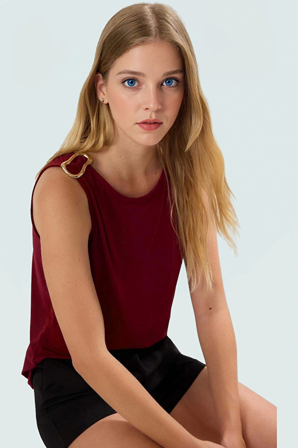 Şık Örme Bluz Bisiklet Yaka Fitted Polyester Elastan Yazlık Trend Tasarım Uzun Ömürlü