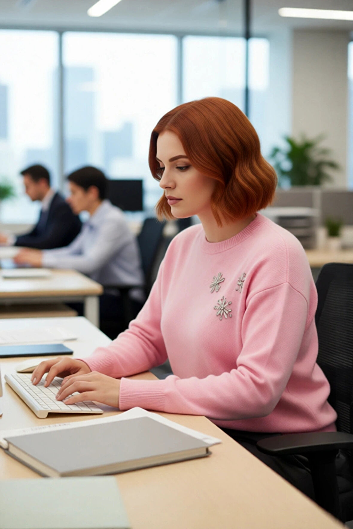 Kadın Pembe Özel Taş Desenli Düşük Omuzlu Bisiklet Yaka Orta Kalınlık Yumuşak Kışlık Triko Kazak