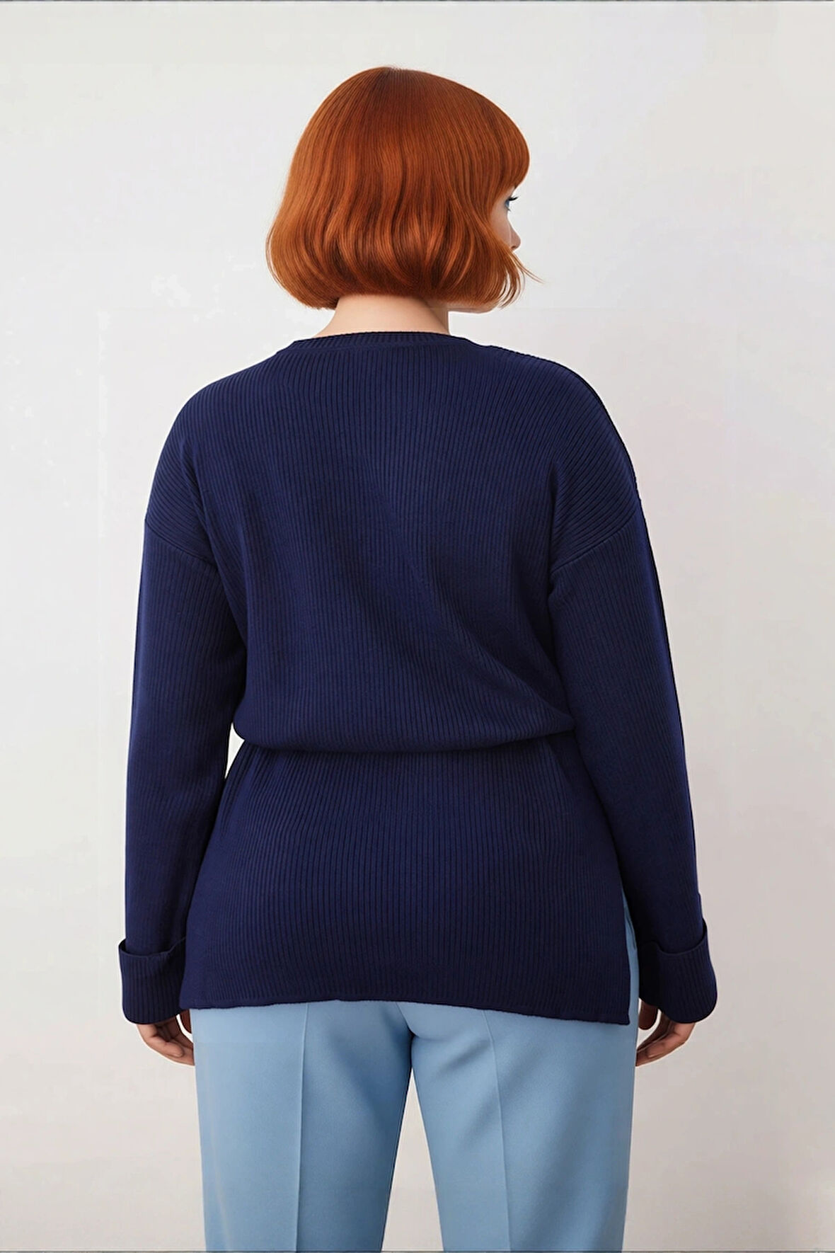 Kadın Tunik Siluet Beli Kuşaklı Düz Desen Bisiklet Yaka Uzun Kollu Relaxed Triko Kazak Kış İçin