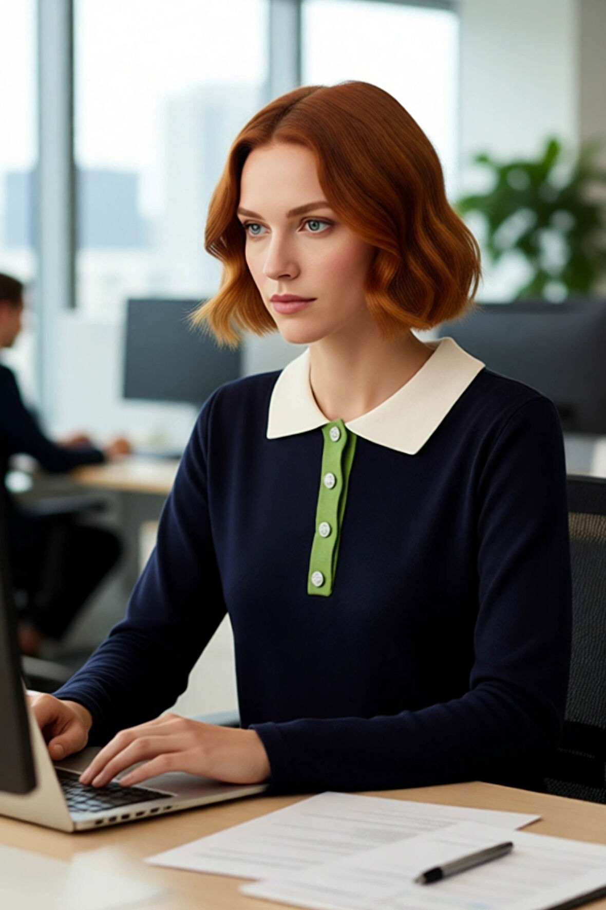 Kadın Lacivert Akrilik Triko Kazak Polo Yaka Renk Bloklu Uzun Kol Taş Düğmeli Kış Şıklığı Kaliteli