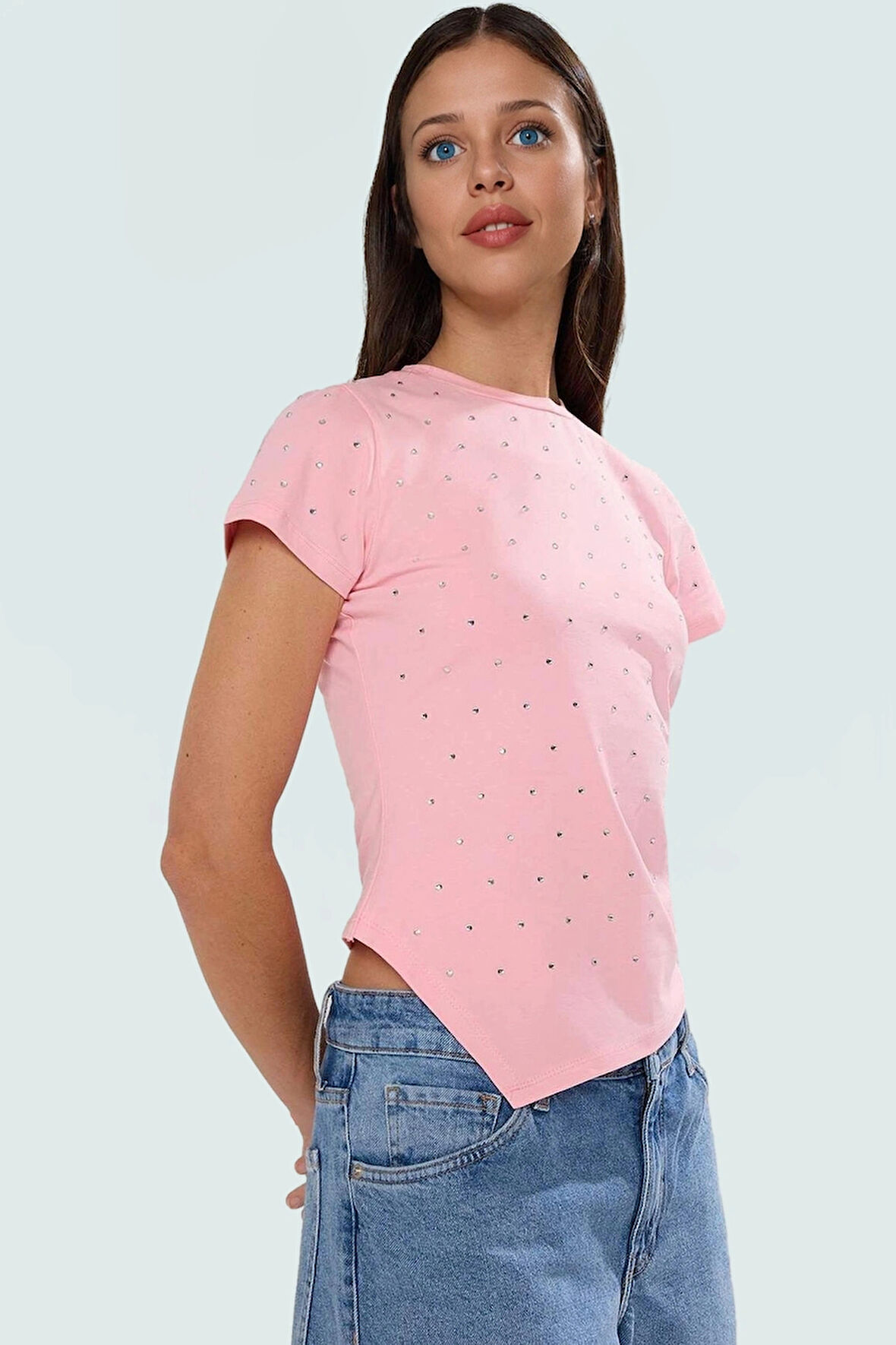 Parıltılı Taş Detaylı Pamuklu Örme T shirt Rahat Şık Yazlık Zarifane Tasarım Trend