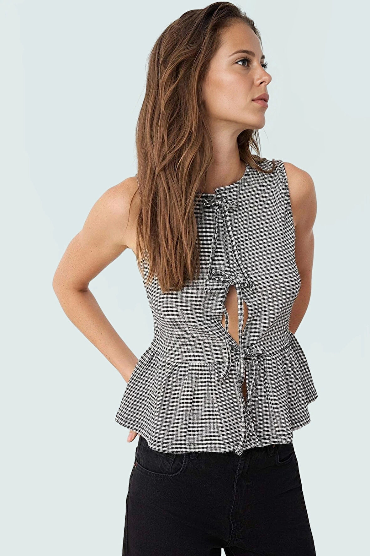 Yazlık Casual Ekose Peplum Bluz Bağcıklı Bisiklet Yaka Polyester Uzun Ömürlü