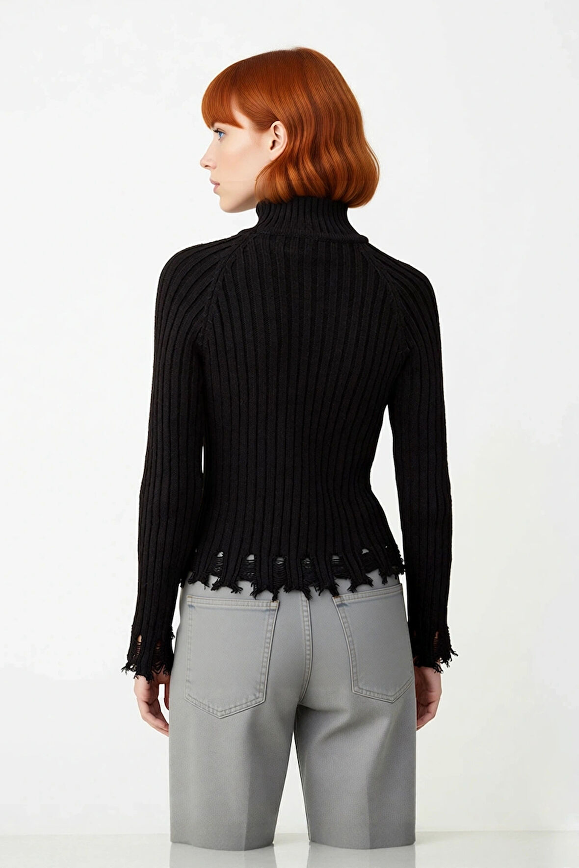 Kadın Şık Fitted Crop Uzun Reglan Kollu Dik Yaka Fitilli Triko Kazak Kış Günleri İçin İdeal Model