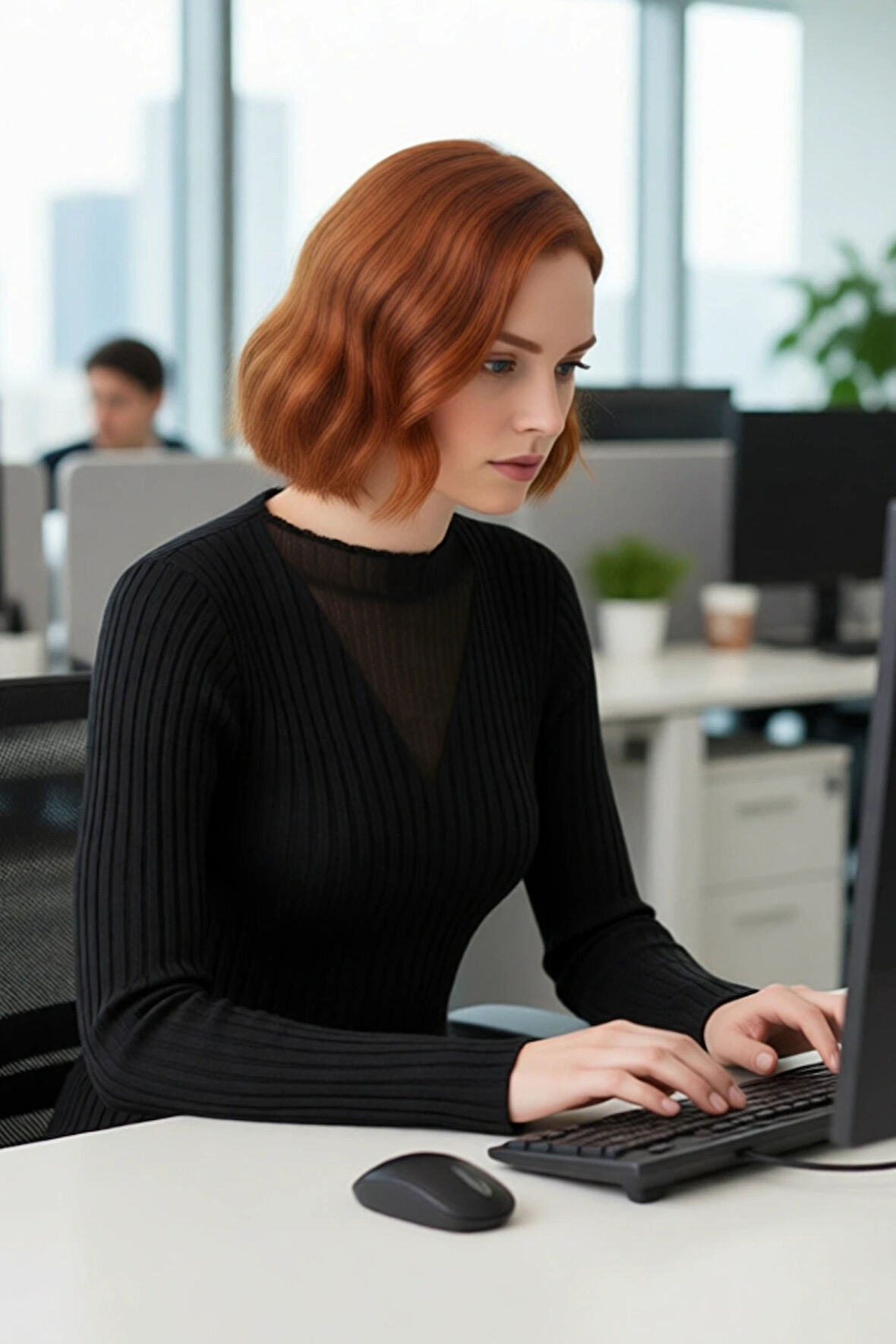 Kadın Zarif Siyah Ribanalı Fitted Kazak Transparan V Yaka Detaylı Günlük Şık Uzun Kollu Kaliteli