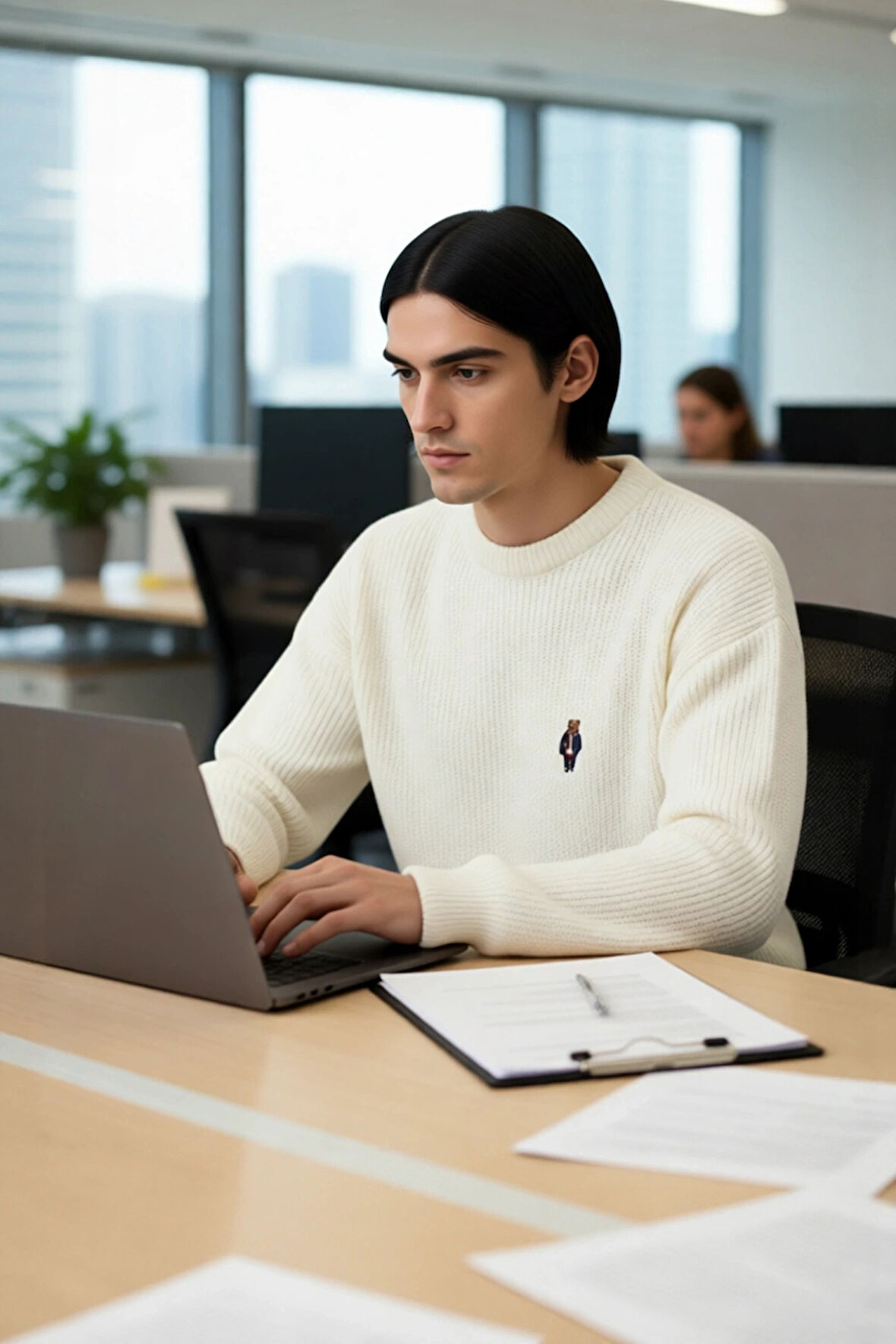 Erkek Oversize Selanik Dokuma Bisiklet Yaka Ayı Nakışlı Kışlık Uzun Kollu Triko Kazak Kaliteli