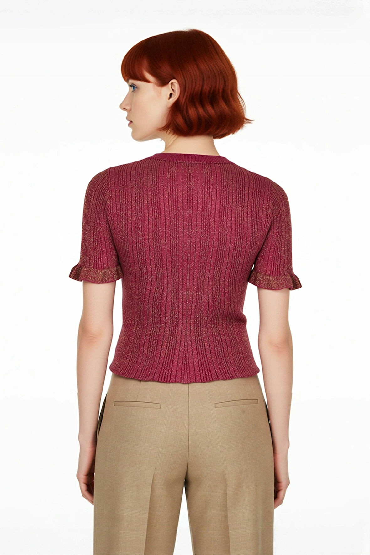 Kadın Fitted Kesim Simli İnce Triko Bluz Bisiklet Yaka Fırfır Kollu Crop Model Modern Stil