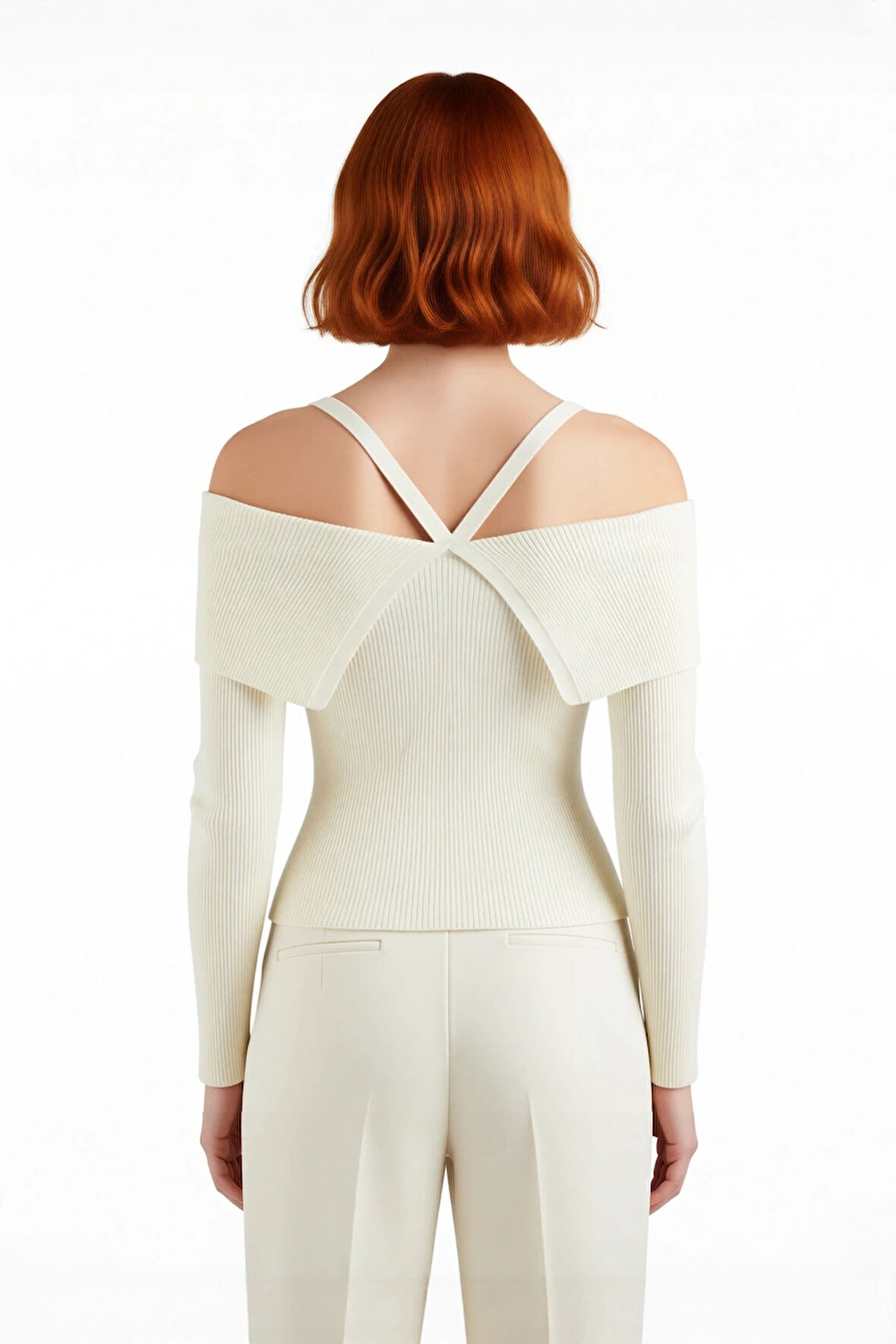 Kadın Zarif Carmen Yaka Askılı Tasarım Fitted Triko Kazak Düz Desenli Uzun Kollu Çok Yönlü Kombin