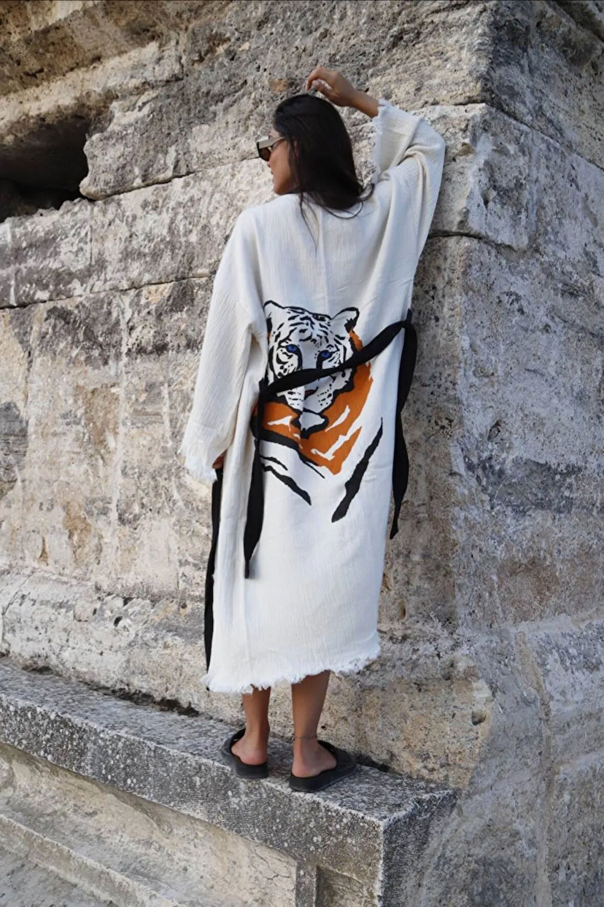Müslin Kimono %100 Pamuklu Kaplan Baskılı Desenli Bornoz Kaftan Sabahlık