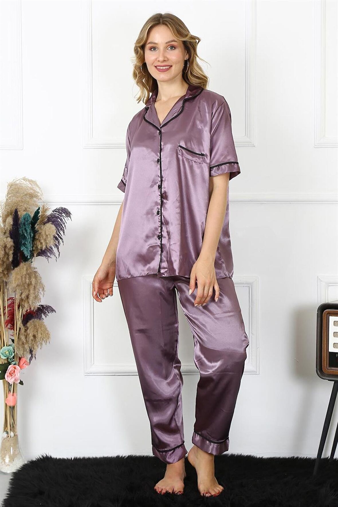 Beruflic Kadın Büyük Beden Mor Saten Pijama Takımı 10303