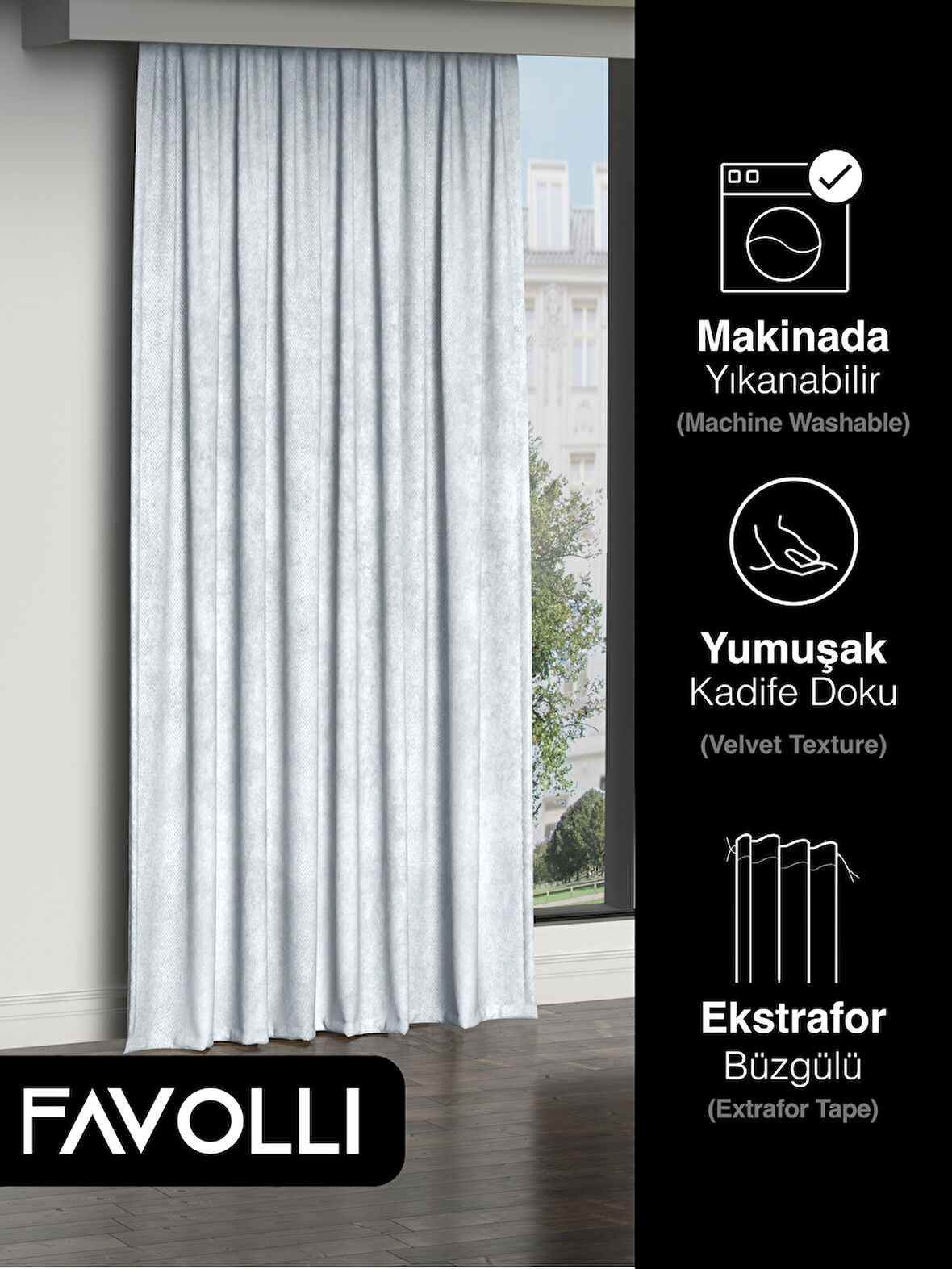 FAVOLLİ Kadife Dokulu Beyaz Ada Fon Perde Ekstrafor Büzgülü Dream Series