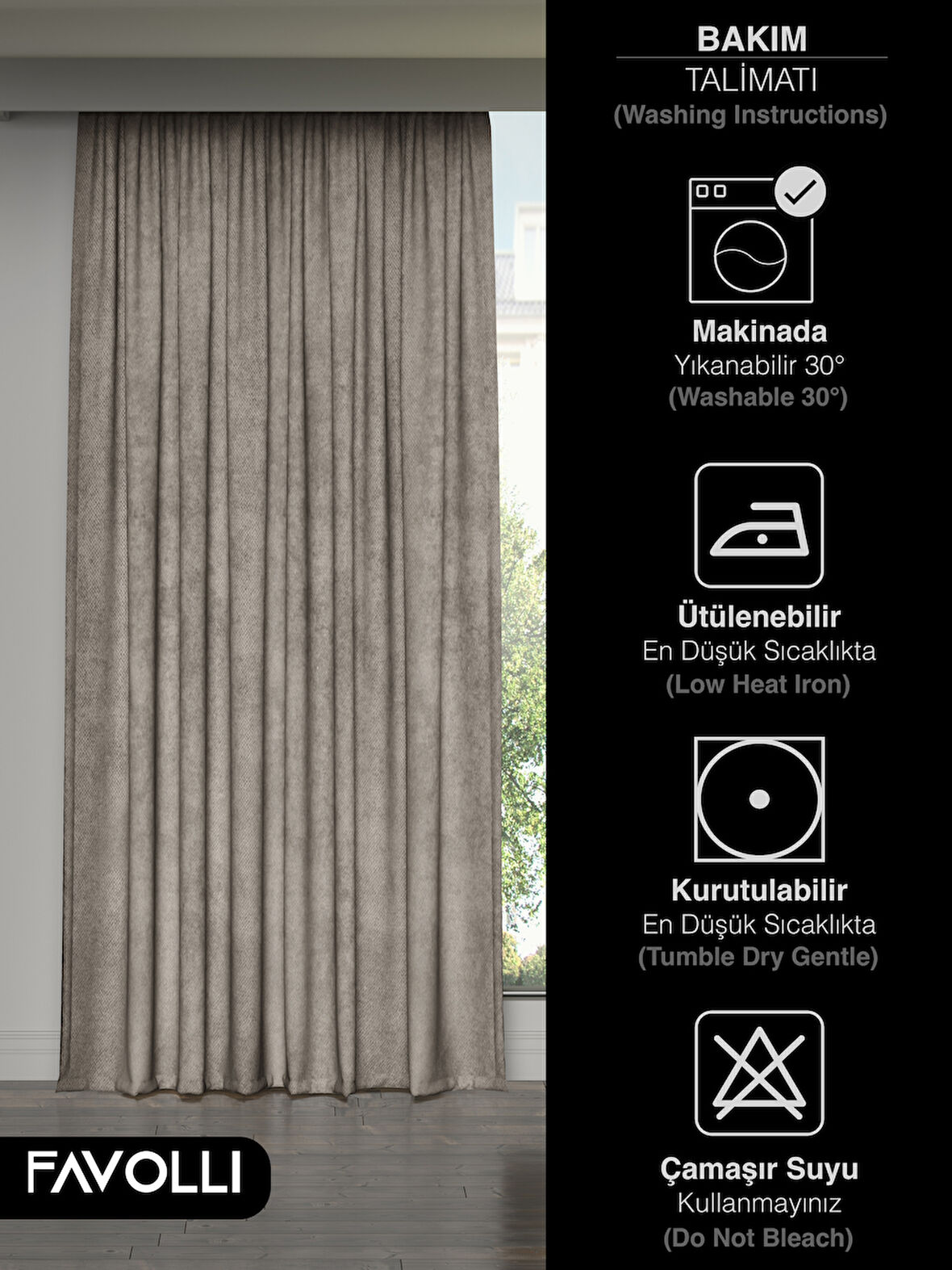 FAVOLLİ Kadife Dokulu Taş Rengi Ada Fon Perde Ekstrafor Büzgülü Dream Series