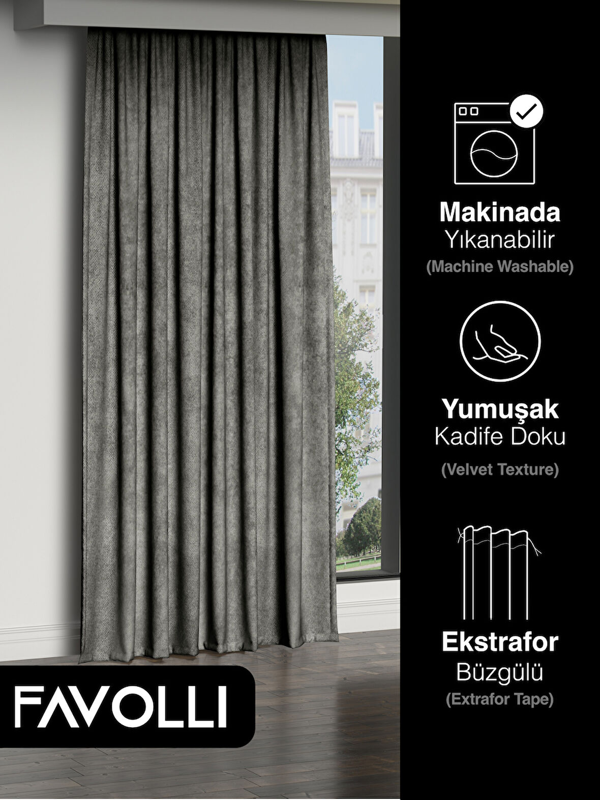 FAVOLLİ Kadife Dokulu Gri Ada Fon Perde Ekstrafor Büzgülü Dream Series