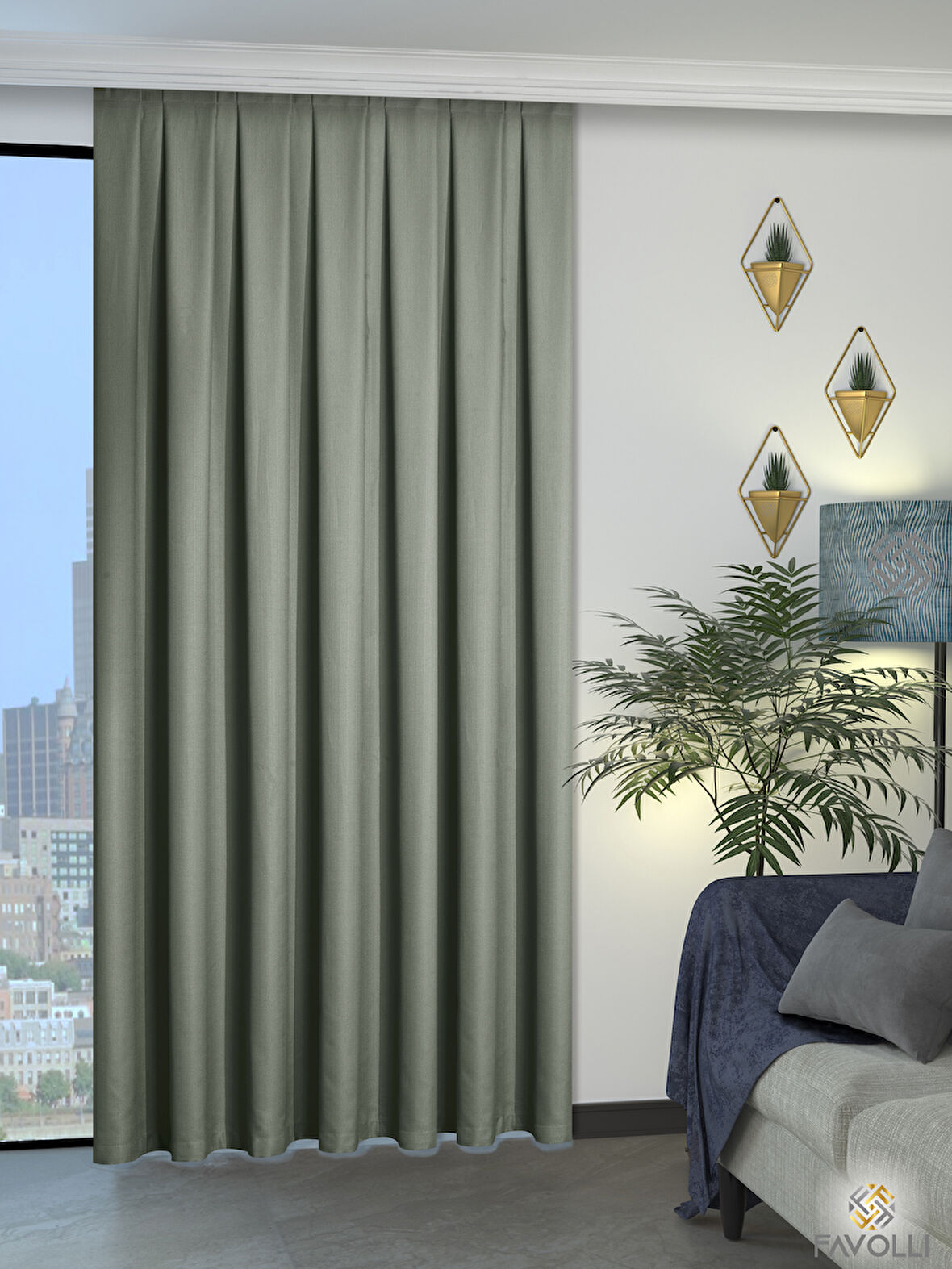 Favolli Mint Rengi Pileli Keten Dokulu Fon Perde 