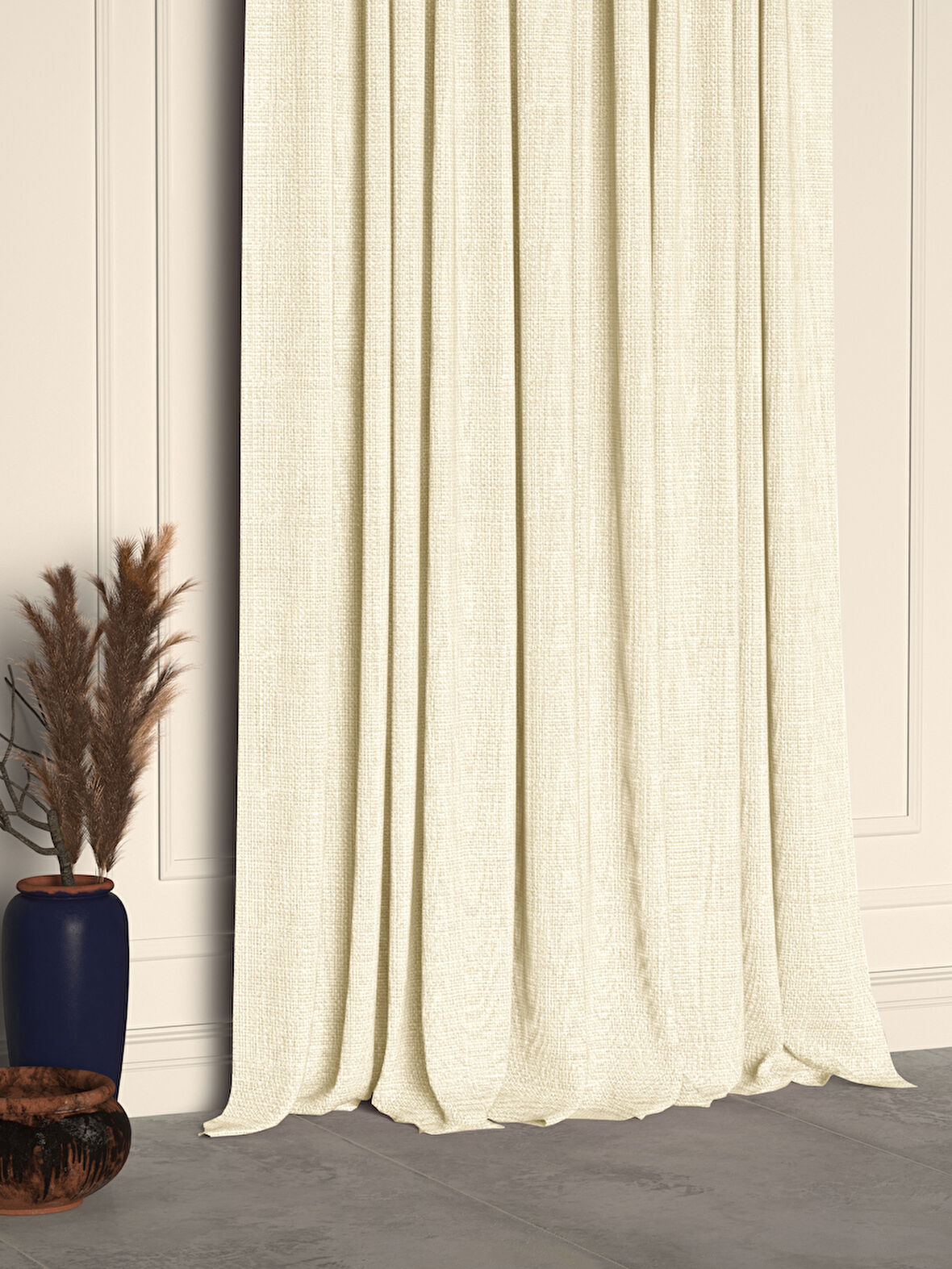 Demor Home Krem Rengi Keten Dokulu Pileli Yüksek Kalite Fon Perde