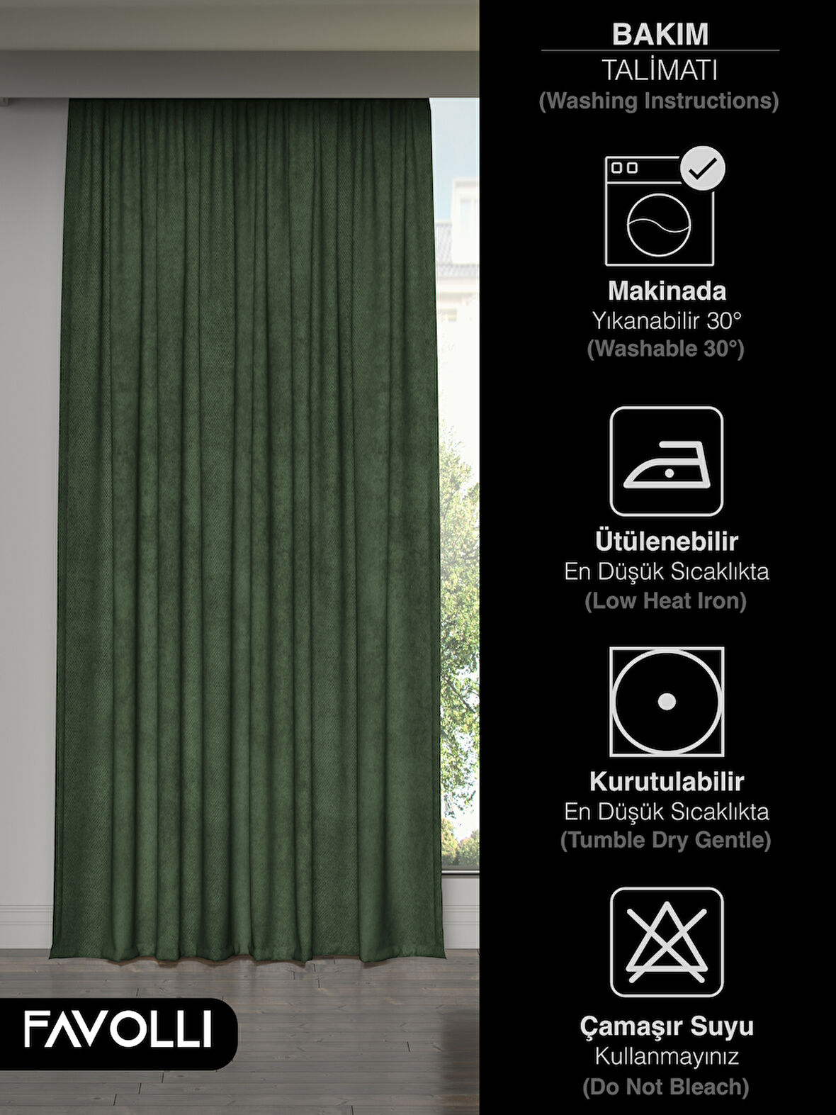 FAVOLLİ Kadife Dokulu Zeytin Yaprağı Rengi Ada Fon Perde Ekstrafor Büzgülü Dream Series